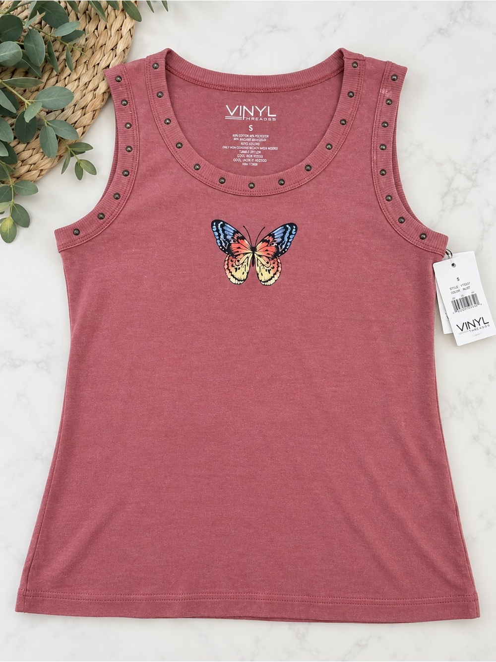 Y2K Vinyl threads Rose Studded Butterfly Tank NWT p